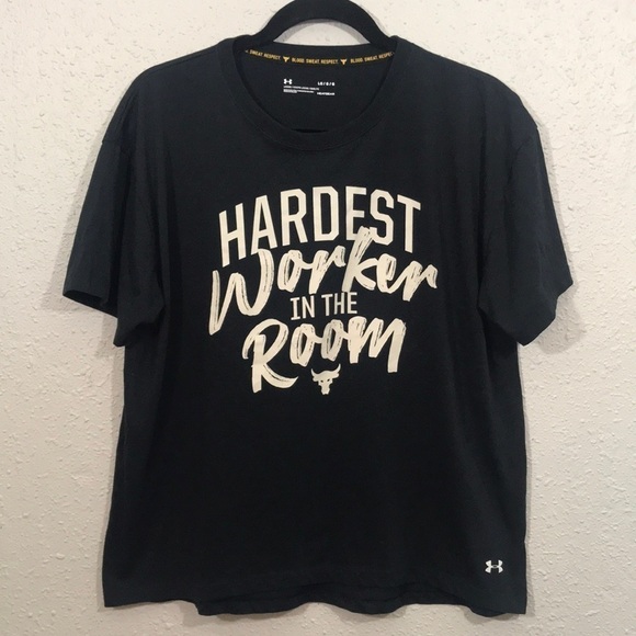 Under Armour Project Rock “Hardest Worker in the Room” Black Screen Print Tee - Picture 1 of 11